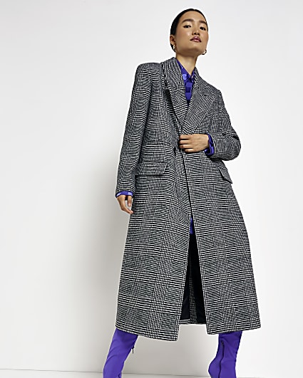 Black check straight longline coat