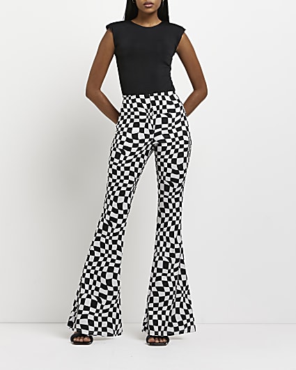 Black checkerboard flared trousers