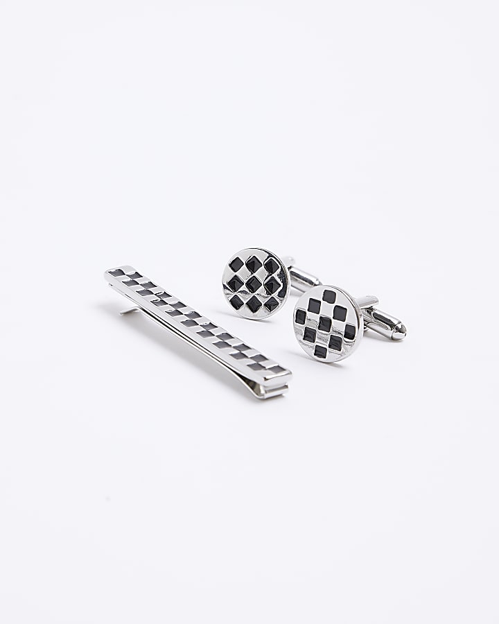 Black checkerboard tie clip set