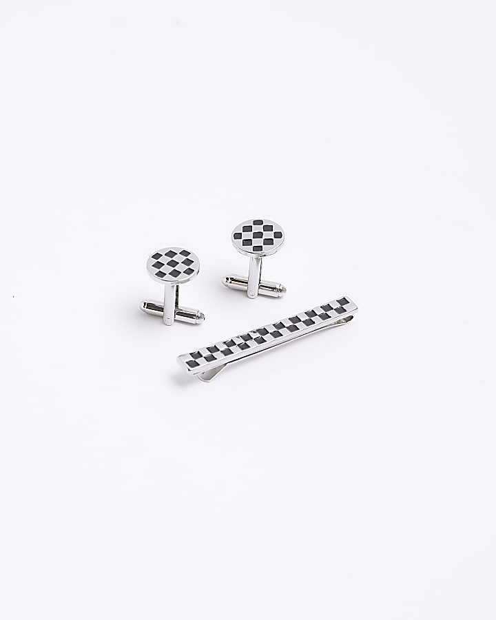 Black checkerboard tie clip set