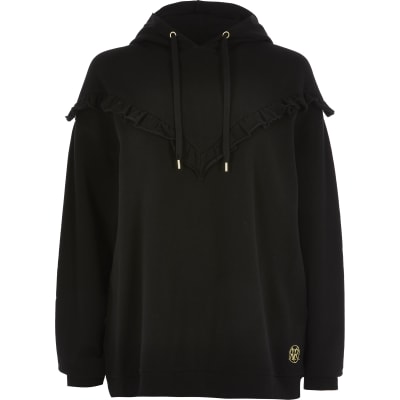 Black chevron frill ribbed hoodie