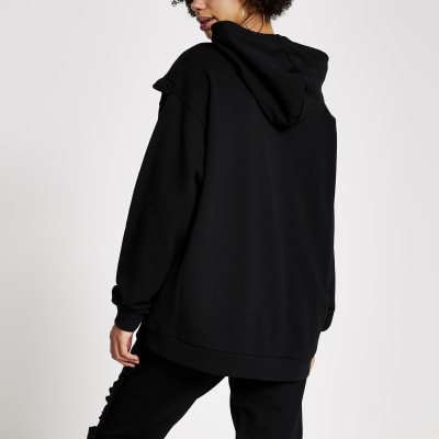 Black chevron frill ribbed hoodie