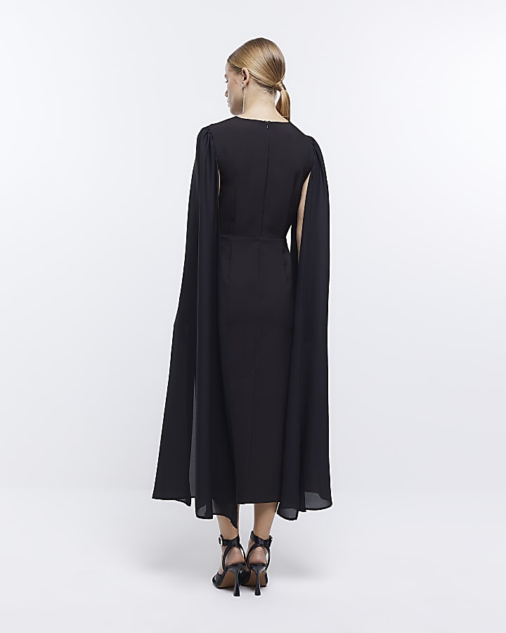 Black chiffon cape sleeve midi dress