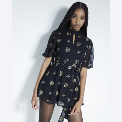 Black Chiffon Embellished Playsuit River Island