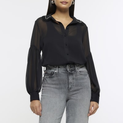 River Island Womens Black Chiffon Embellished Shirt