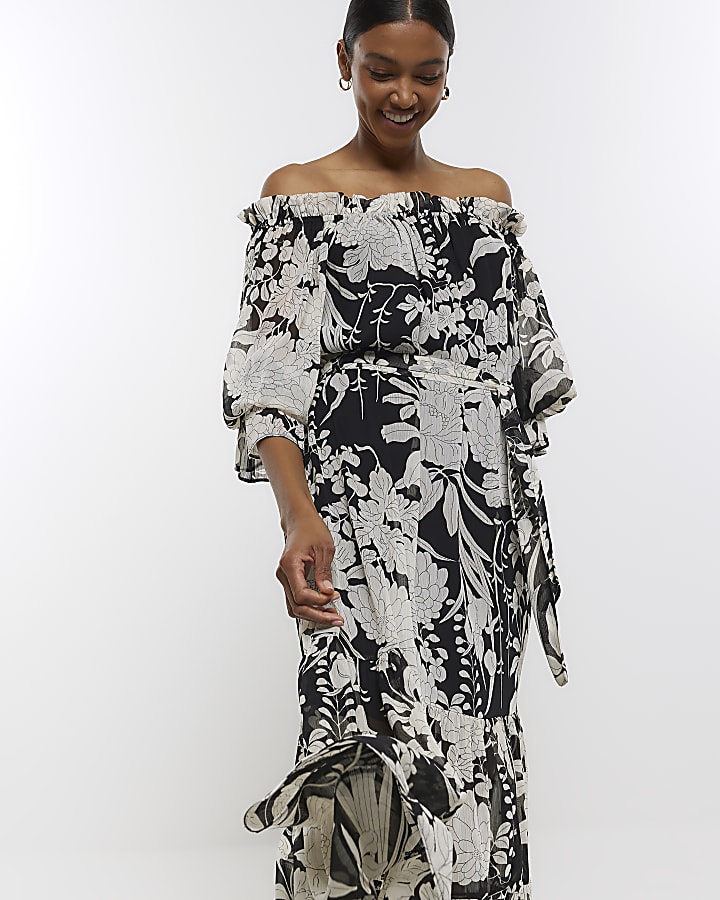 Black chiffon floral bardot maxi dress