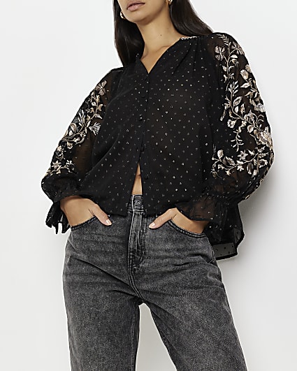 Black chiffon floral embroidered blouse