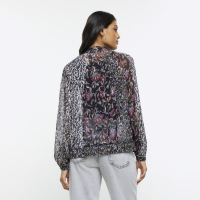 Black chiffon floral zip up jacket River Island