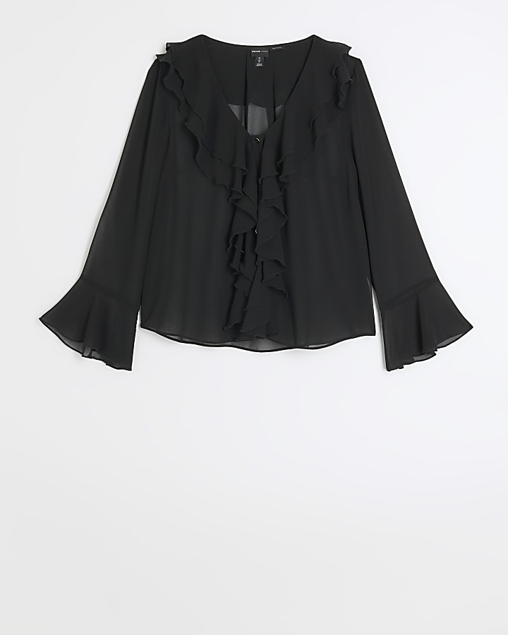 Black chiffon frill blouse | River Island