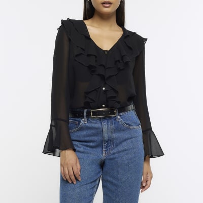 Black chiffon frill blouse | River Island