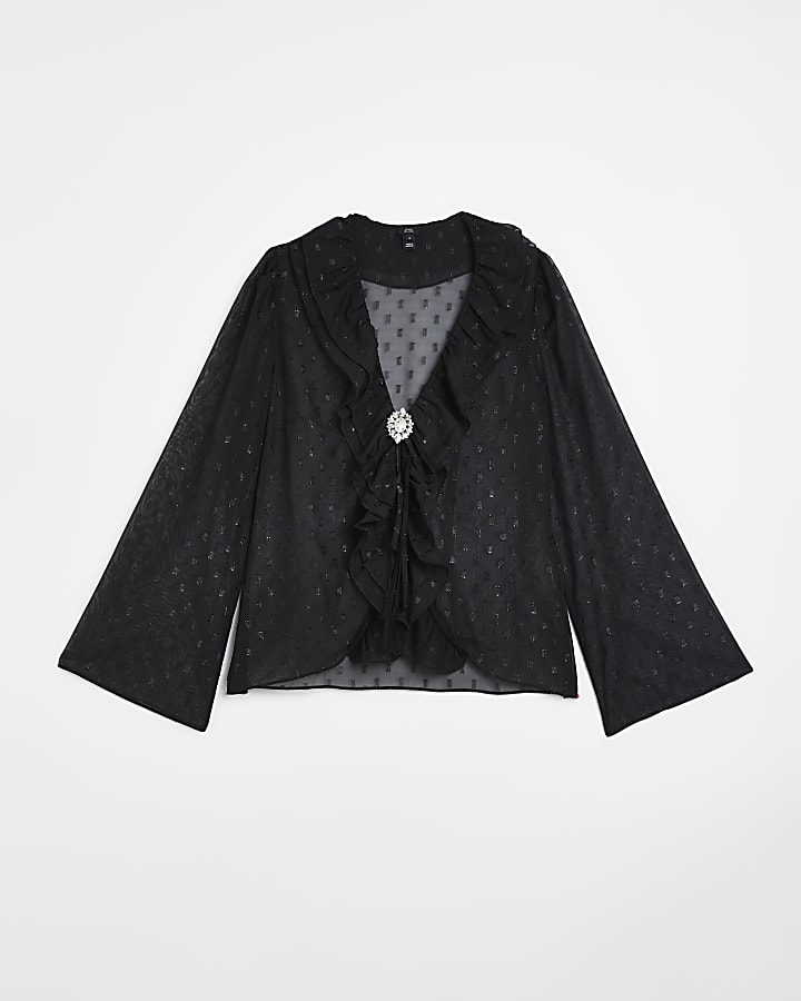 Black chiffon frill long sleeve blouse
