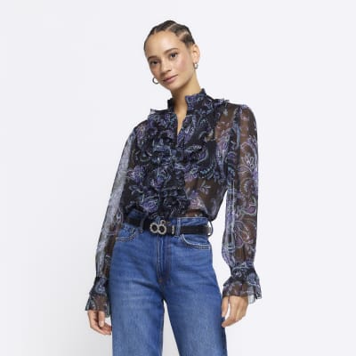 Black chiffon paisley frill blouse | River Island