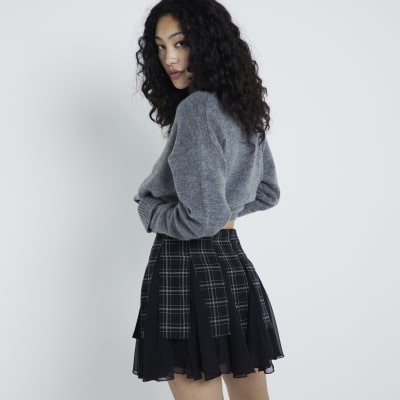 Black Chiffon Pleated Check Skirt