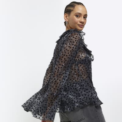 Black chiffon spot frill blouse | River Island