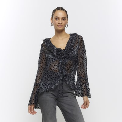 Black chiffon spot frill blouse | River Island