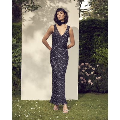 River Island Womens Black Chiffon Spot Slip Maxi Dress