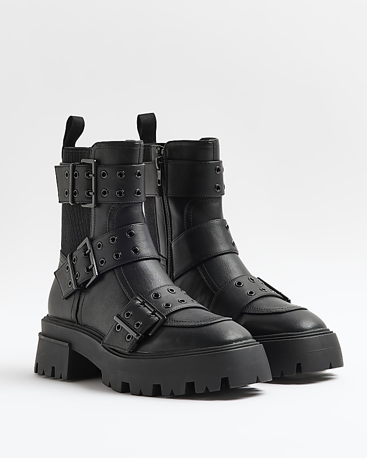 Black chunky biker boots