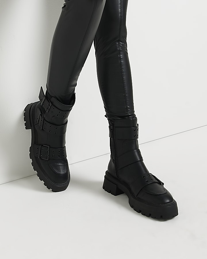 Black chunky biker boots