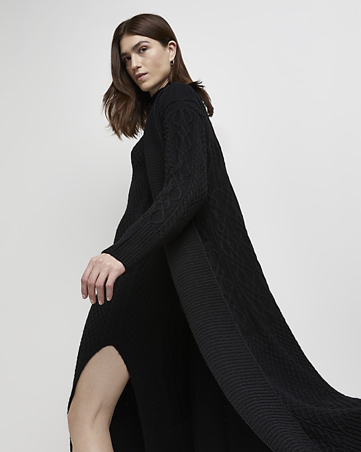 Black chunky cable knit longline cardigan