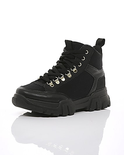360 degree animation of product Black chunky lace-up trainers frame-0