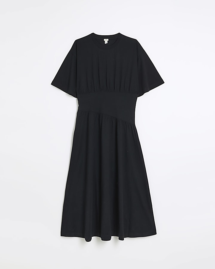 Black cinched waist midi T-shirt dress
