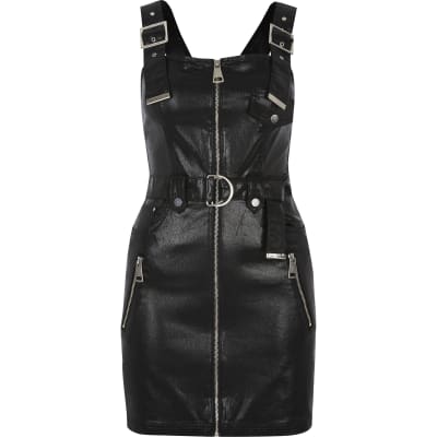 Black Coated Belted Zip Through Mini Dress River Island