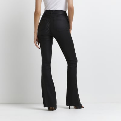 Black coated bum sculpt flared jeans | River Island