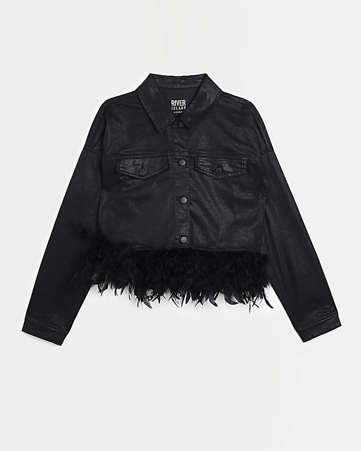 Black coated denim feather crop jacket