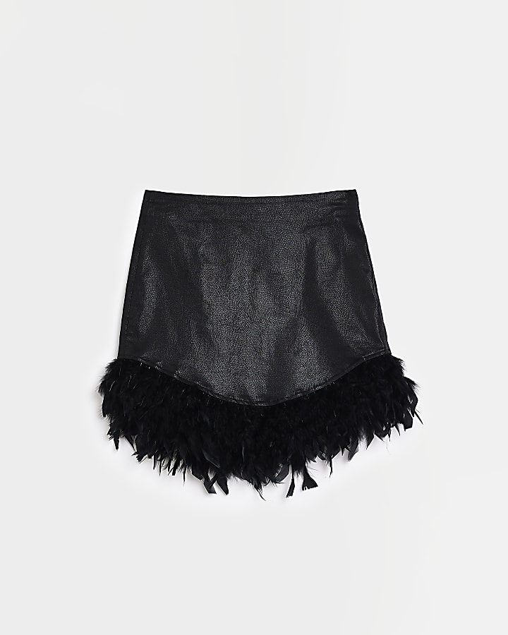 Black coated denim feather mini skirt