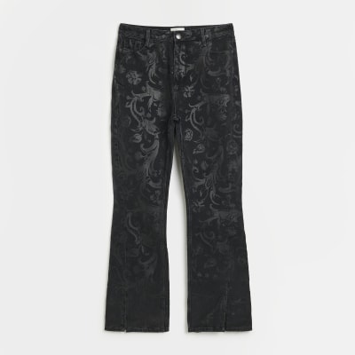 Black coated high waisted flared jeans