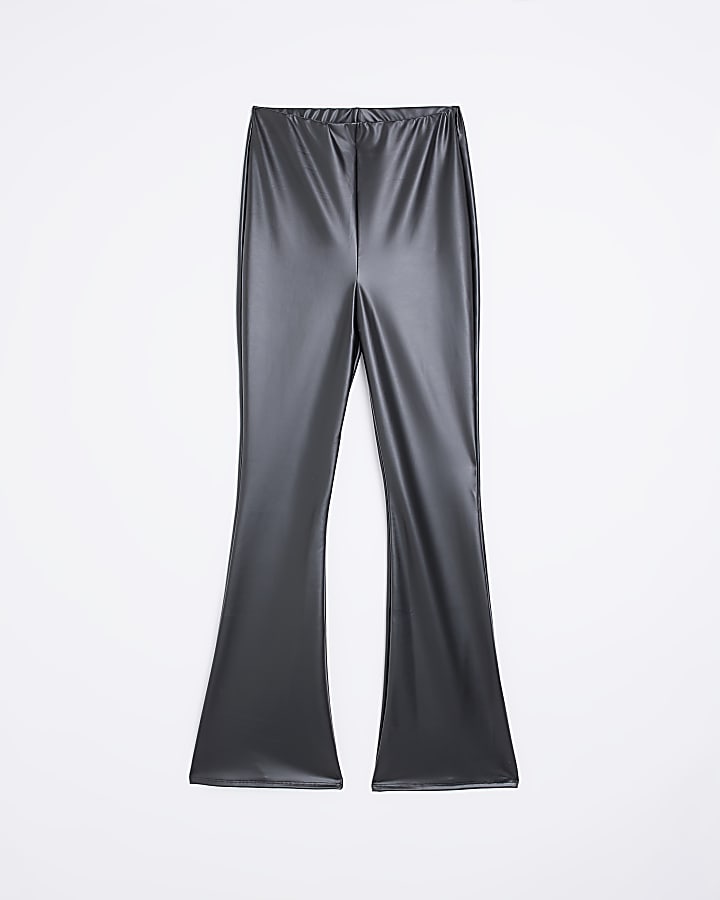 Black coated high waisted flared trousers