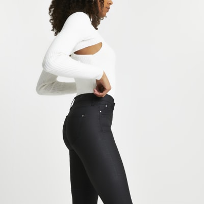 womens black coated jeggings