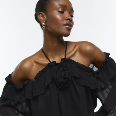 Black cold shoulder corsage blouse | River Island