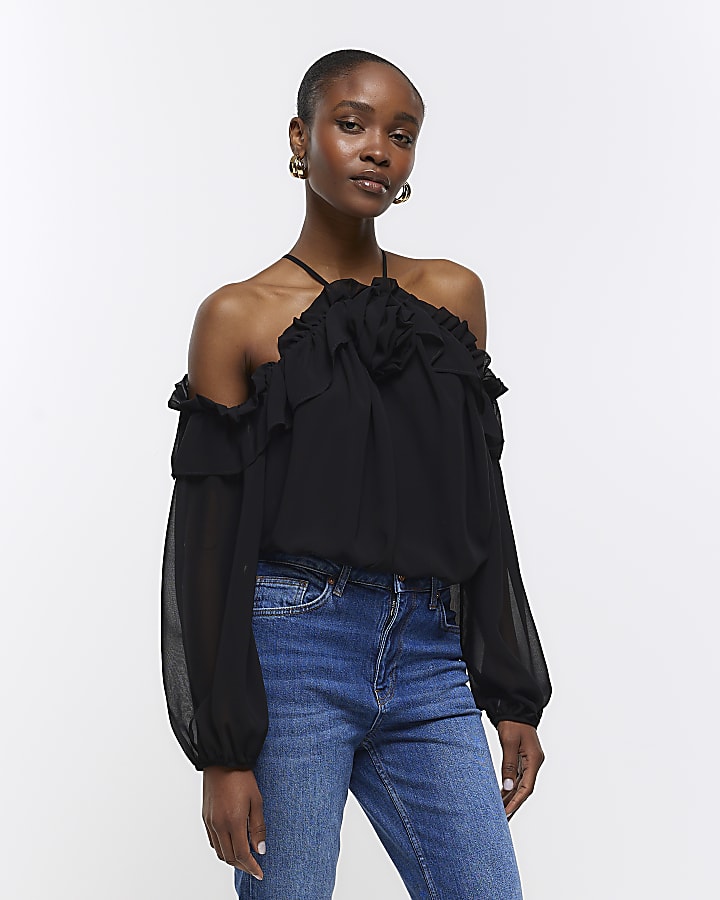 Black cold shoulder corsage blouse | River Island