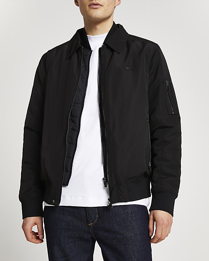 Black collared bomber jacket