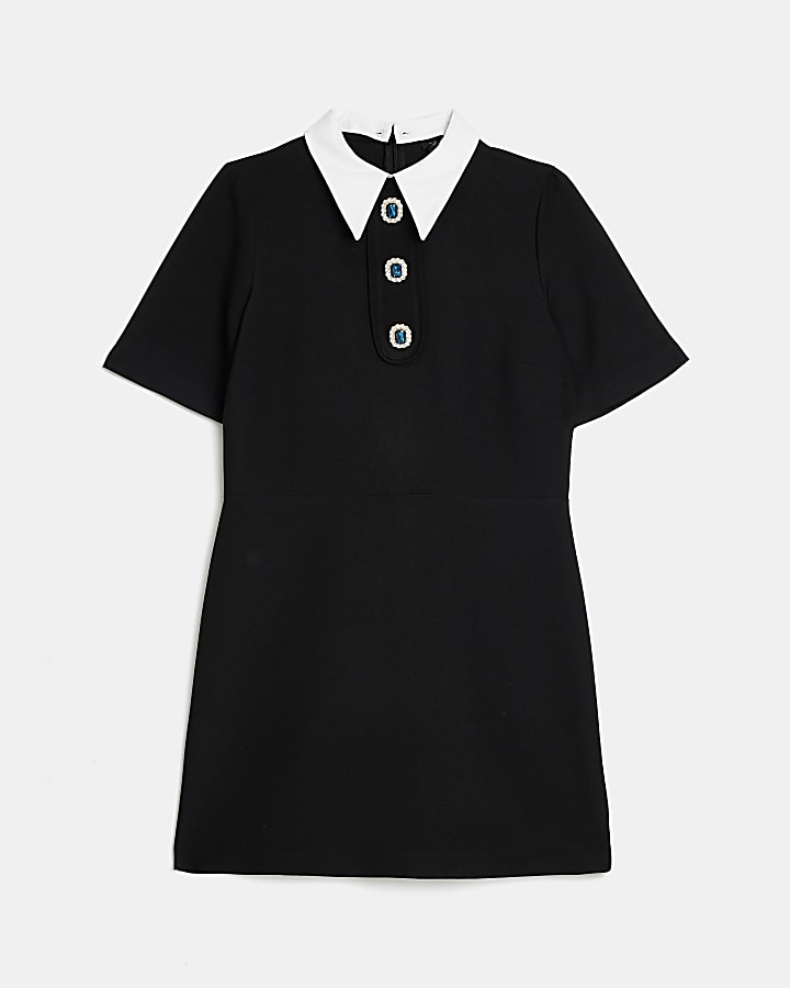 Black collared shift mini dress