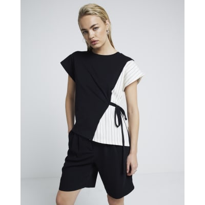 Black colour block belted top River Island