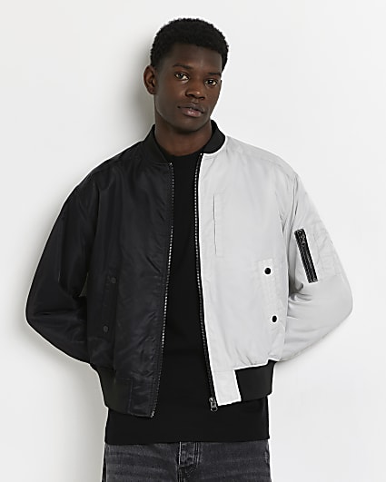 Black colour block bomber jacket