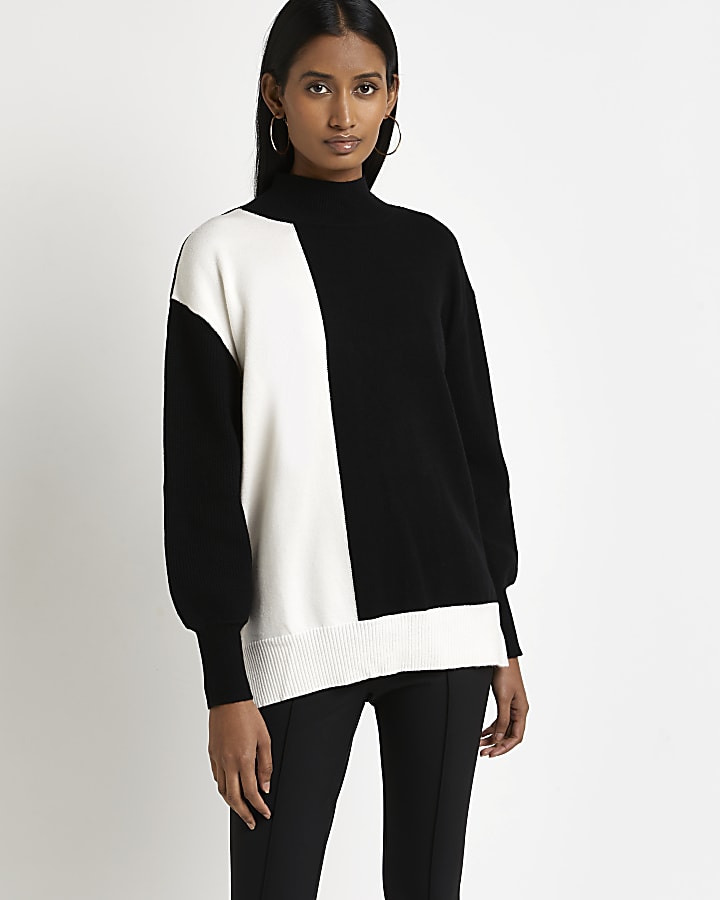 Black colour block knitted jumper