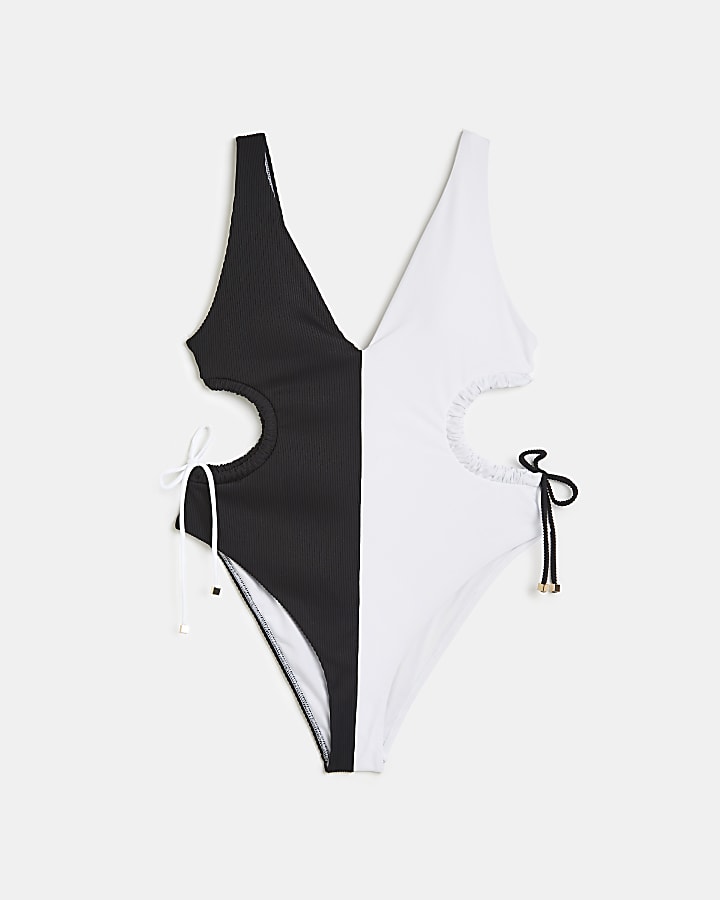 Black colour block plunge swimsuit