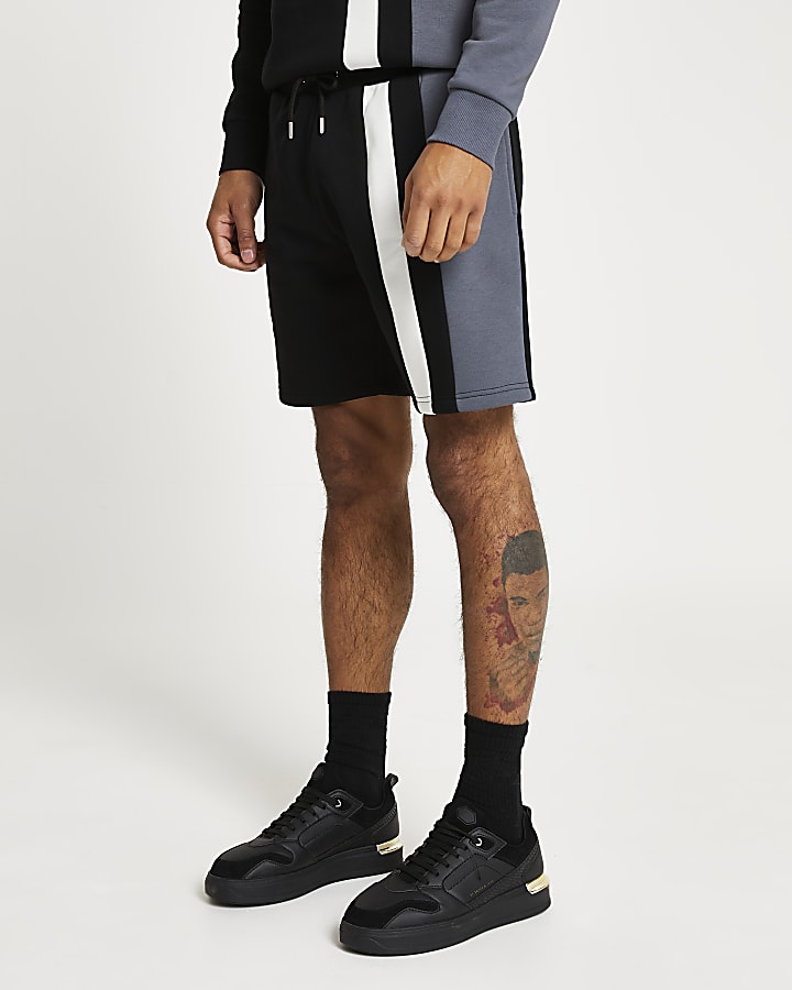Black colour block slim fit shorts