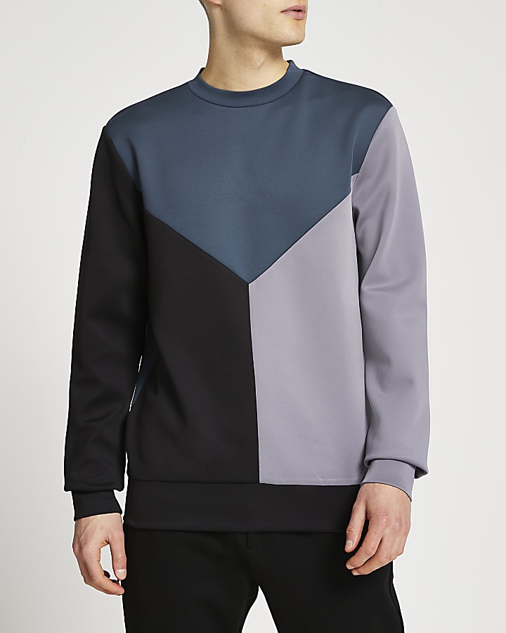 Black colour block slim fit sweatshirt