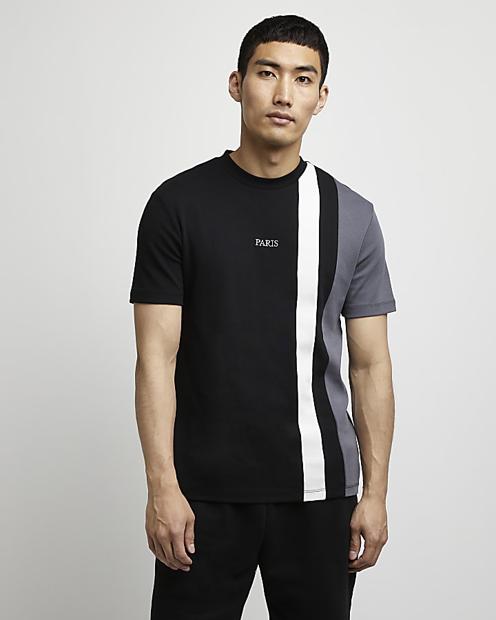 Black colour block slim fit t-shirt