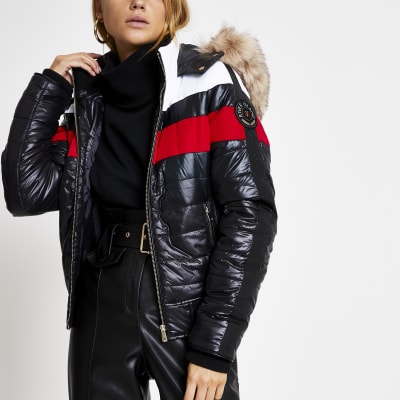 river island black high shine padded faux fur trim jacket