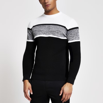 Black colour blocked slim fit knitted jumper | River Island