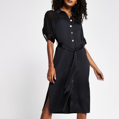 Black Contrast Chiffon Shirt Midi Dress | River Island