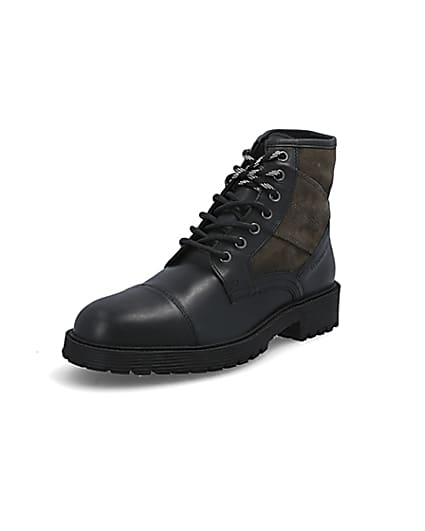 360 degree animation of product Black contrast leather lace-up hiking boots frame-0