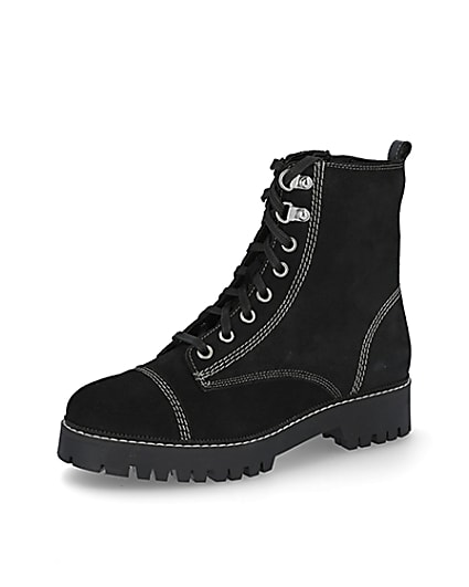 360 degree animation of product Black contrast stitch lace flat ankle boots frame-1