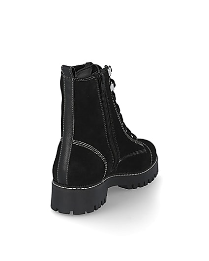 360 degree animation of product Black contrast stitch lace flat ankle boots frame-11