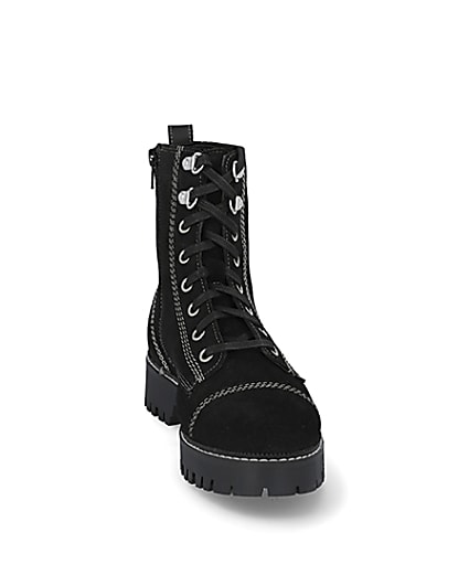 360 degree animation of product Black contrast stitch lace flat ankle boots frame-20